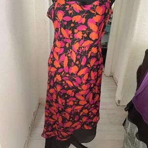 Black dress with orange and fushia flowers